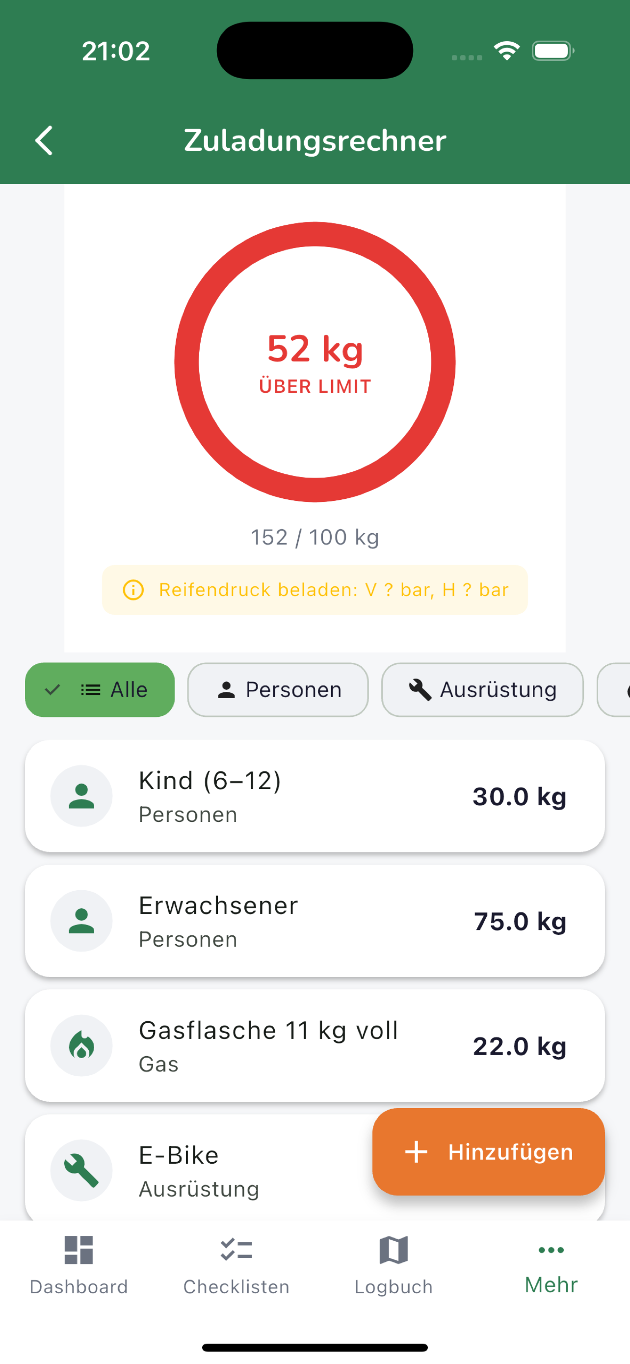 CamperManager Zuladung